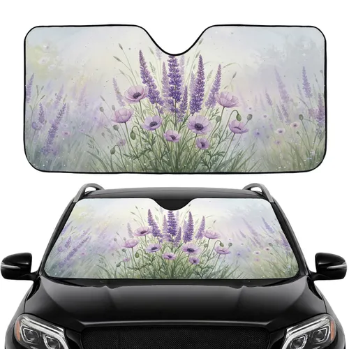 Hazy Morning Mist Lavender Poppy Anemone Field Wild Grasses - Car Interior Upgrade Car Sunshade