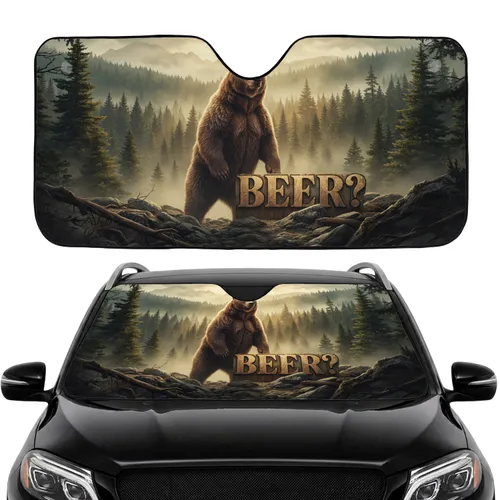 Grizzly Bear 'BEER?' Pine Forest Sunlight - Car Interior Upgrade for Wildlife Lover Car Sunshade
