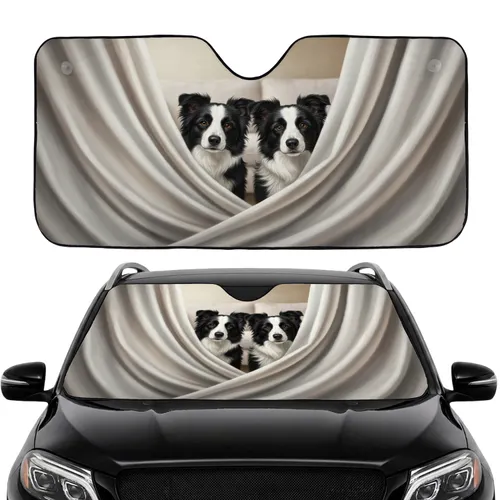 Curious Border Collie Dogs Peeking Soft Drapes - Car Interior Upgrade Car Sunshade