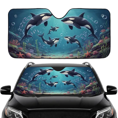 Playful Orcas Fish Starfish Coral Ocean Depths Car Interior Upgrade Car Sunshade
