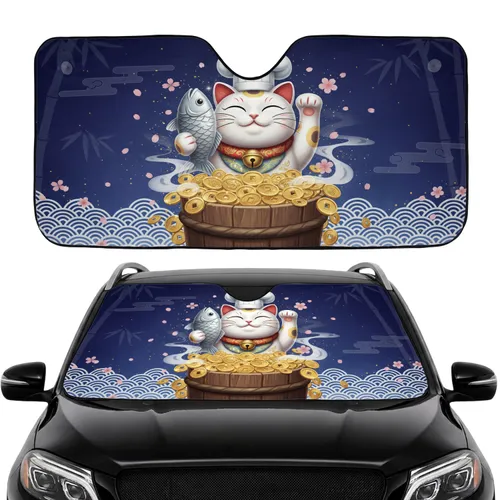 Maneki-neko Chef Cat Gold Coins Cherry Blossom Car Interior Upgrade Cat Lover Gift Car Sunshade