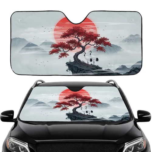 Japanese Maple Tree Cranes Red Sun Landscape - Car Interior Upgrade Car Sunshade