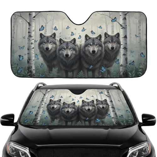 Majestic Grey Wolves Blue Morpho Butterflies Birch Forest - Wildlife Lover Gift Car Sunshade