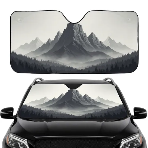 Layered Mountain Range Coniferous Forest Distant Peak Fog Sky Horizon - Car Interior Upgrade Car Sunshade