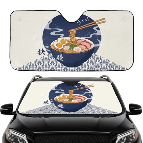 Ramen Noodle Bowl Chopsticks Seigaiha Waves - Car Interior Upgrade Japanese Foodie Gift Car Sunshade