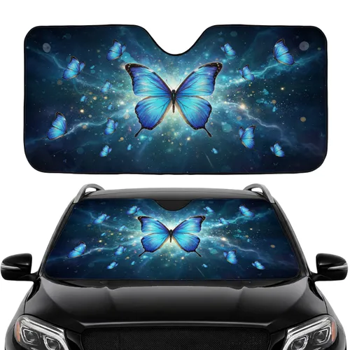 Iridescent Glowing Blue Butterflies Cosmic Nebula - Road Trip Accessory Car Sunshade