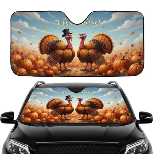 Top Hat Turkeys Orange Pumpkins Falling Leaves Happy Thanksgiving Car Road Trip Gift Car Sunshade