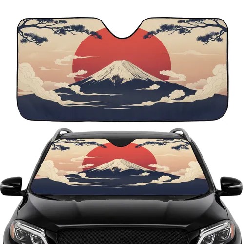 Snow-Capped Mount Fuji Vibrant Red Sun Japanese Waves - Car Interior Upgrade Car Sunshade