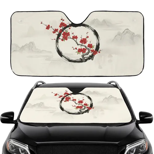 Black Zen Enso Scarlet Plum Blossom Green Foliage Distant Mountains Commute Accessory Car Sunshade