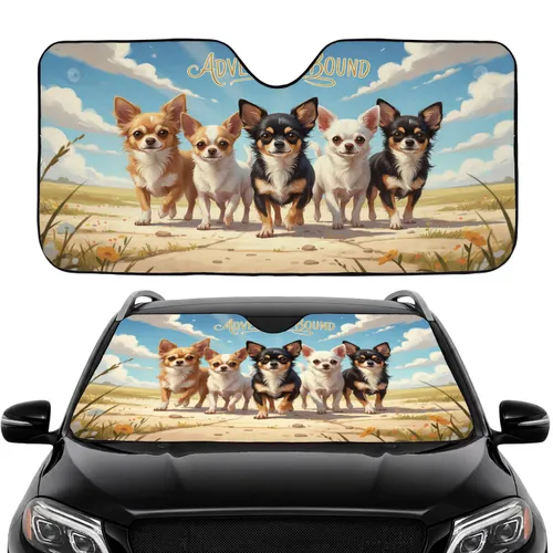 Five Chihuahuas Adventure Landscape - Road Trip Gift for Chihuahua Lover Car Sunshade
