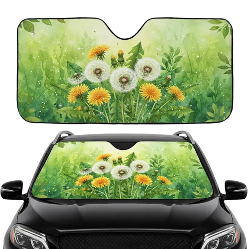 Vibrant Dandelion Yellow Flowers White Puffballs Green Meadow - Car Interior Upgrade Car Sunshade