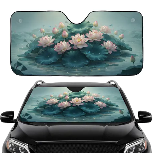 Pale Pink Lotus Flowers, Deep Teal Pads, Dragonflies, Misty Pond - Car Interior Upgrade Car Sunshade