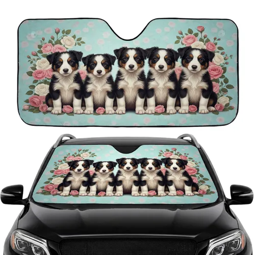 Five Border Collie Puppies Pink Roses - Commute Accessory for Dog Lovers Car Sunshade