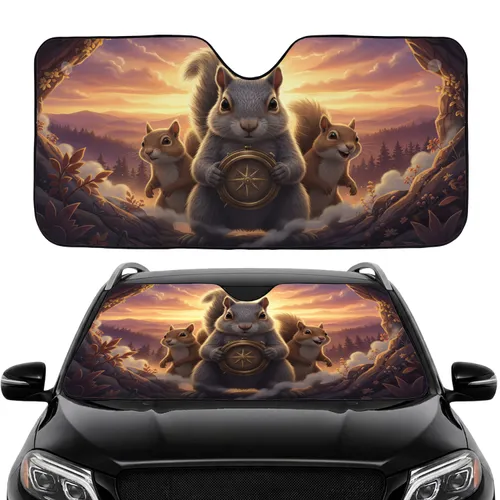 Explorer Squirrels with Navigational Device Sunset Landscape - Car Interior Upgrade Car Sunshade