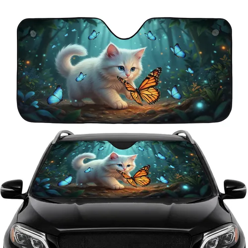 White Kitten Monarch Butterfly Forest - Car Interior Upgrade for Cat Lover Gift Car Sunshade