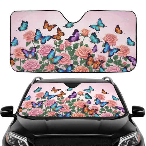 Assorted Butterflies Blooming Roses Lush Floral Field Car Interior Upgrade Car Sunshade