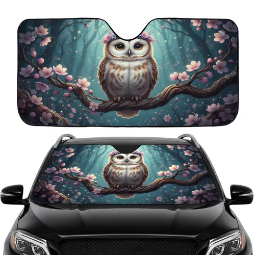 Wide-Eyed Baby Owl Floral Blossoms Twilight Forest - Car Interior Upgrade Car Sunshade