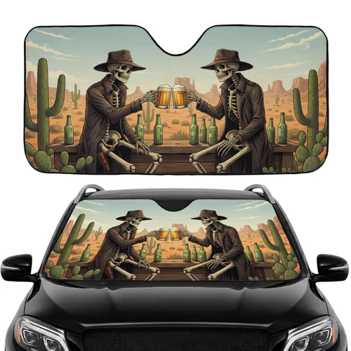 Skeletons Toasting Beer Desert Bar - Road Trip Car Interior Upgrade Car Sunshade