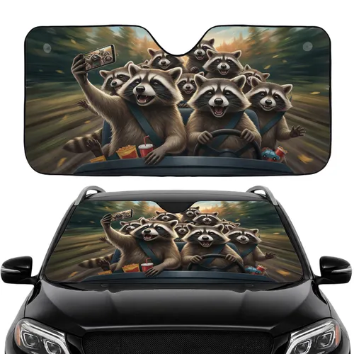 Raccoons Selfie Driving Road Trip Gift for Wildlife Lovers Car Sunshade