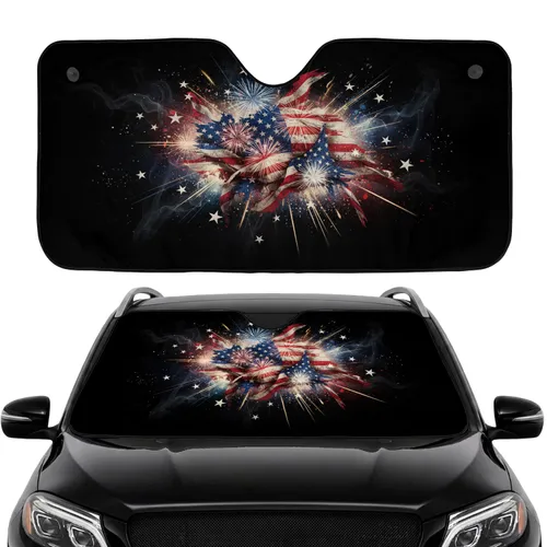 American Flag Fireworks Patriotic Stars - Car Interior Upgrade Travel Accessory Car Sunshade
