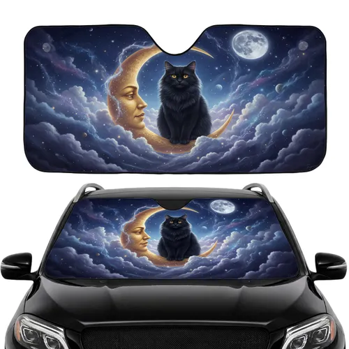 Fluffy Black Cat Golden Moon Cosmic Night Sky - Car Interior Upgrade Cat Lover Car Sunshade