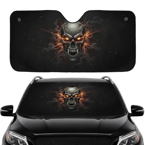 Intensely Glowing Menacing Skull Fangs Orange Eyes Car Interior Upgrade Car Sunshade