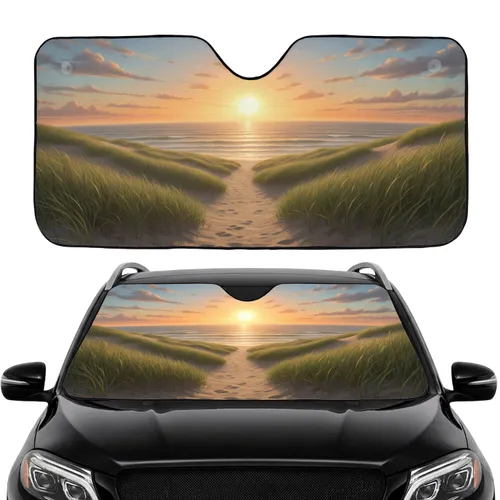 Ocean Sunset Sandy Path Footprints Dunes Dune Grass - Car Interior Upgrade for Travel Car Sunshade