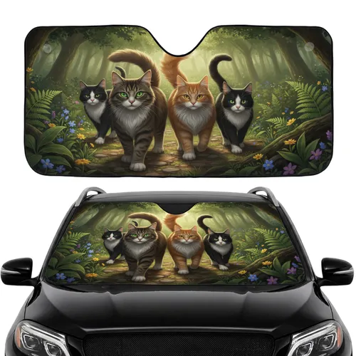 Four Cats Forest Path Wildflower - Cat Lover Car Interior Upgrade Gift Car Sunshade