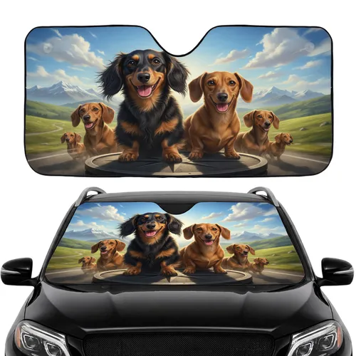 Dachshunds Rolling Hills Mountains - Road Trip Gift for Dachshund Lover Car Sunshade