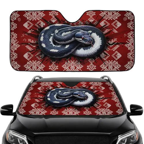 Coiled Viper Snake Crimson Red Eyes Black Scales White Underbelly - Automotive Interior Upgrade Car Sunshade