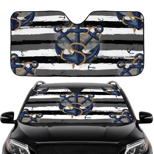 Navy Blue Metal Nautical Anchors Tan Rope Distressed Stripes - Car Interior Upgrade Car Sunshade