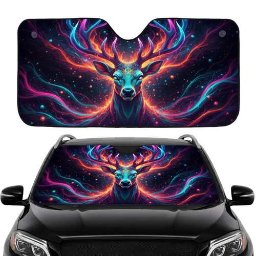 Majestic Fantasy Deer Antlers Cosmic Neon Glow - Car Interior Upgrade Car Sunshade