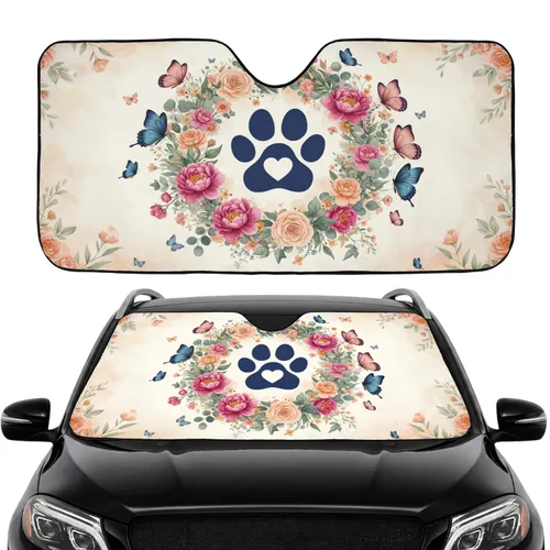 Paw Print Wildflower Wreath Butterfly - Car Interior Upgrade for Pet Lovers Car Sunshade