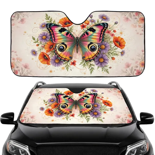 Pink Orange Teal Butterfly Blooming Floral Sparkle Car Interior Upgrade Car Sunshade