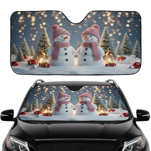 Two Snowmen Pink Hats Christmas Festive Lanterns Road Trip Gift Car Sunshade