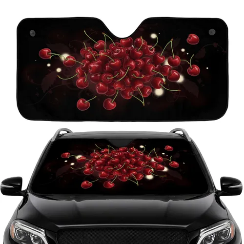 Glossy Red Cherries Green Stems Deep Black Background Car Interior Upgrade Car Sunshade