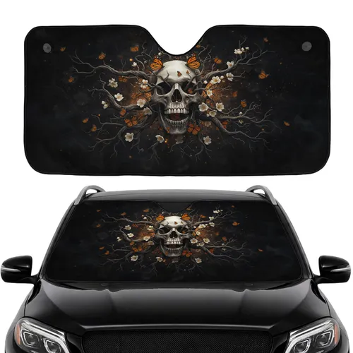 Realistic Human Skull Gnarled Branches Orange Monarch Butterfly - Car Interior Upgrade Car Sunshade
