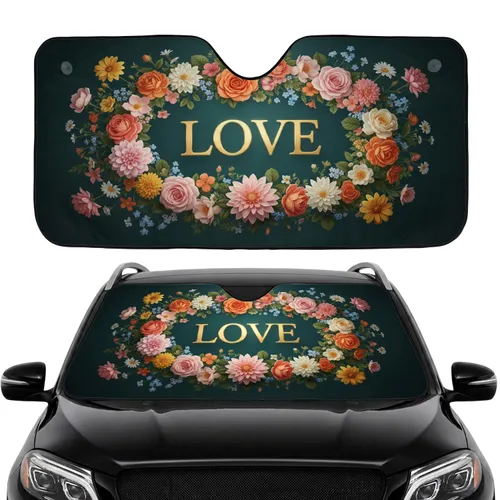 Golden LOVE Text Roses Dahlias Floral Garland - Car Interior Upgrade Gift Car Sunshade