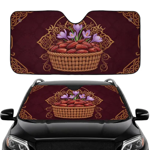 Woven Wicker Basket Plump Dates Crocus Gold Ornaments Celtic Knot - Car Interior Upgrade Car Sunshade