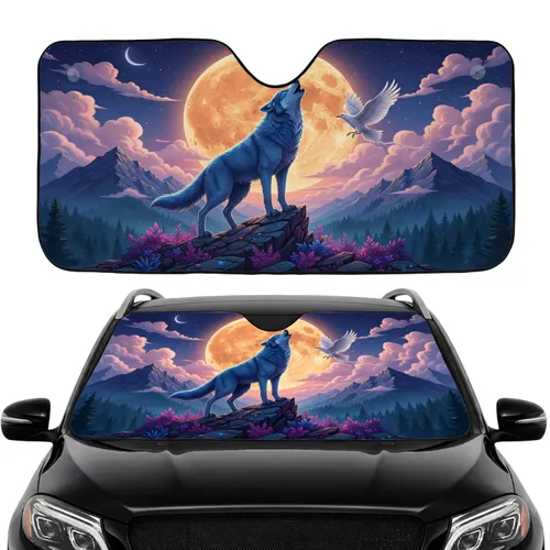 Blue Wolf Orange Moon Mountain - Car Interior Upgrade Wildlife Lover Gift Car Sunshade