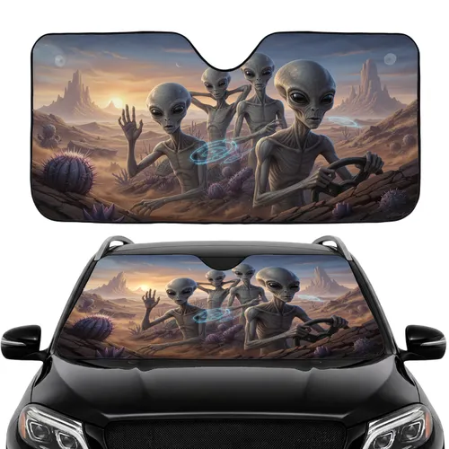 Four Grey Aliens Extraterrestrial Desert - Road Trip Gift for Sci-Fi Fans Car Sunshade