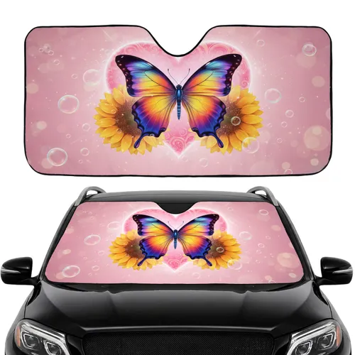 Iridescent Blue Butterfly Golden Yellow Sunflower Pink Heart Bubbles Travel Essentials Car Sunshade