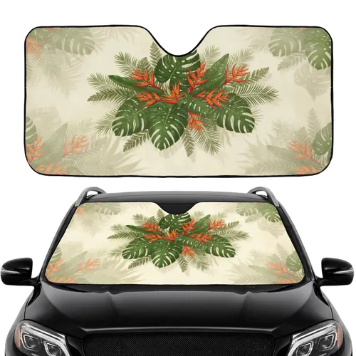 Cream-Yellow Background Tropical Foliage Monstera Palm Heliconia Flowers Car Interior Upgrade Car Sunshade