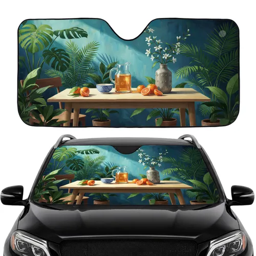 Table Pitcher Orange Fruit White Flowers Green Foliage - Car Interior Upgrade Car Sunshade