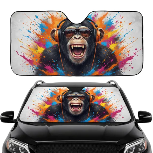 Chimpanzee Headphones Sunglasses Paint Splatter - Car Interior Upgrade for Chimp Lover Car Sunshade