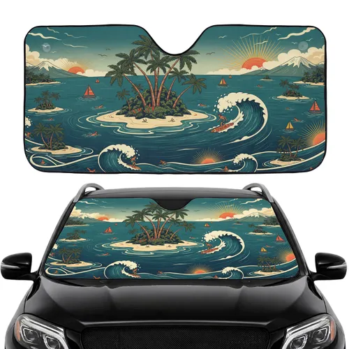 Tropical Island Surfer Palm Tree Sailboat Ocean Scene Travel Essentials Car Sunshade