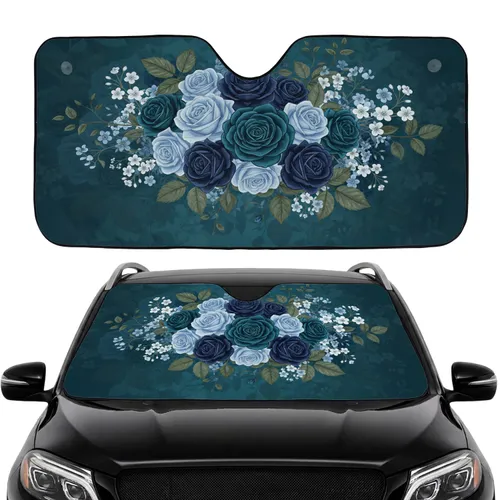Blooming Blue Roses Botanical Floral Arrangement Green Leaves - Commute Accessory Car Sunshade