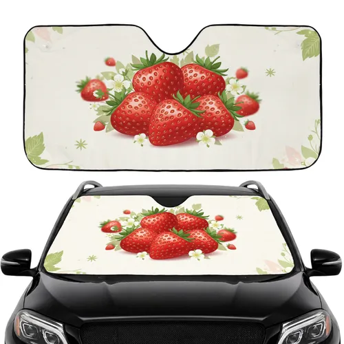 Ripe Red Strawberries White Strawberry Blossoms Fresh Green Leaf Accents Road Trip Travel Essential Car Sunshade
