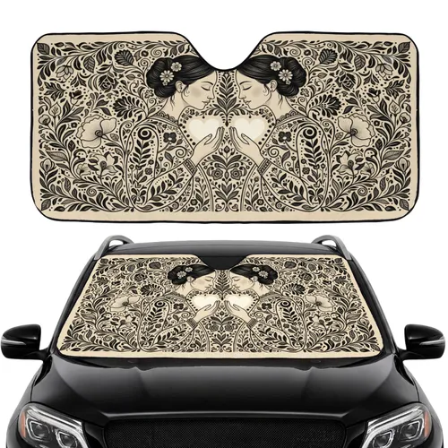 Folk Art Mirrored Female Figures Hearts Botanical Car Interior Upgrade Car Sunshade