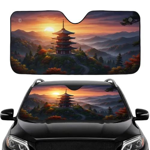 Majestic Japanese Pagoda Sunset Mountain Landscape - Road Trip Essentials Gift Car Sunshade